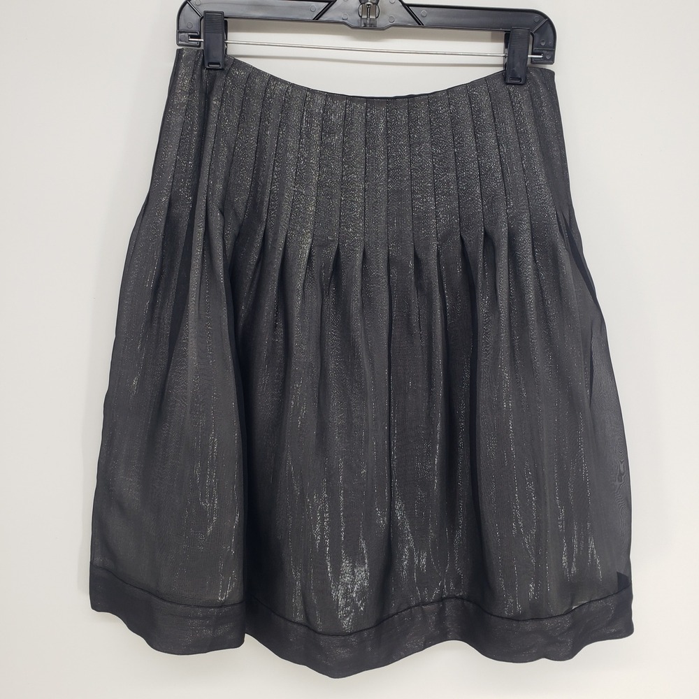 Kay Unger Metallic Silk Pleated A-Line Skirt Women 8 Black Silver Shimmer Luxe